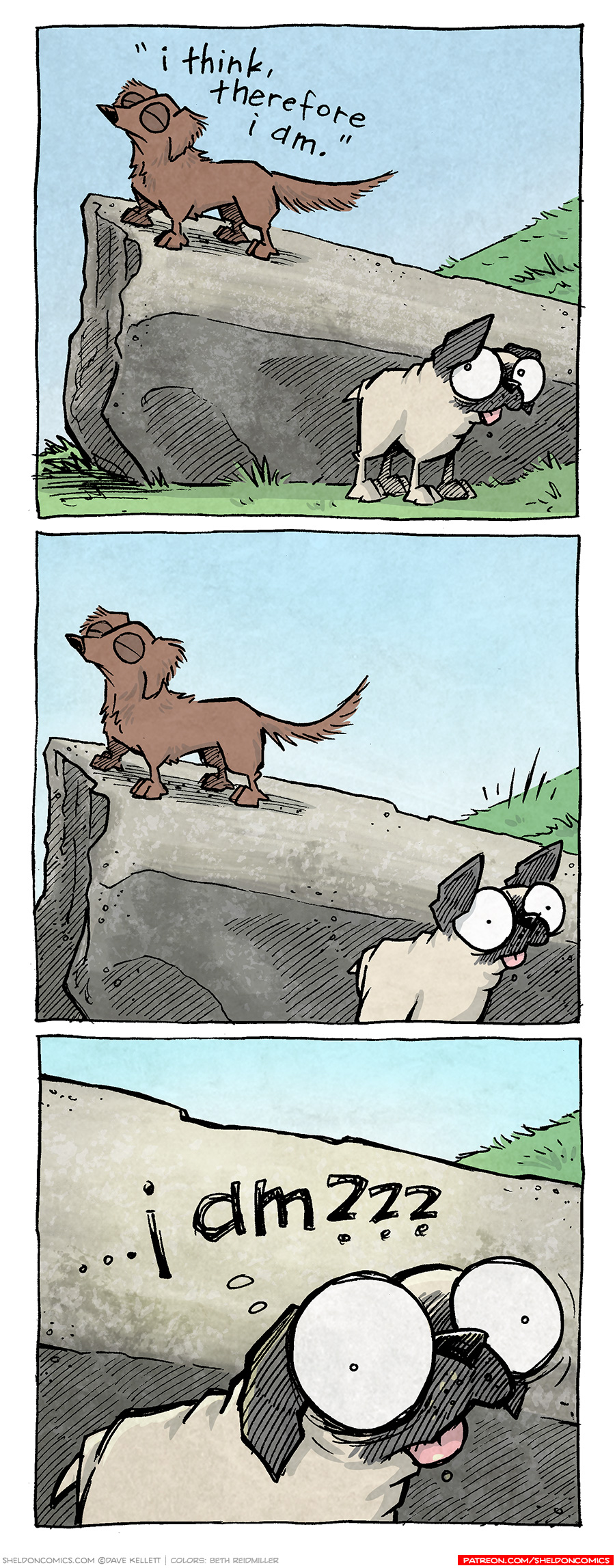 PANEL 1: DIGBY, a brown long-haired dachshund, stands on the edge of a large boulder, nose to the wind, eyes closed in meditation. The sky is blue, the grass is green. OSO, a fawn pug, stands on the ground below, looking at DIGBY over his shoulder, one ear up, tongue out.
DIGBY: “I think, therefore i am.”
PANEL 2: DIGBY continues to meditate with eyes closed. Both of OSO’s ears perk up, thinking. No text.
PANEL 3: Close up on OSO, ears down, tongue out, eyes super wide as realizationd awns on him.
OSO (in thought): …i am???
———
Want 5,000 more comics like this? Join us at Patreon.com/sheldoncomics for the *FULL* Sheldon archives, art giveaways, fun community, and more! Sheldon Comics copyright Dave Kellett. Colors by Beth Reidmiller