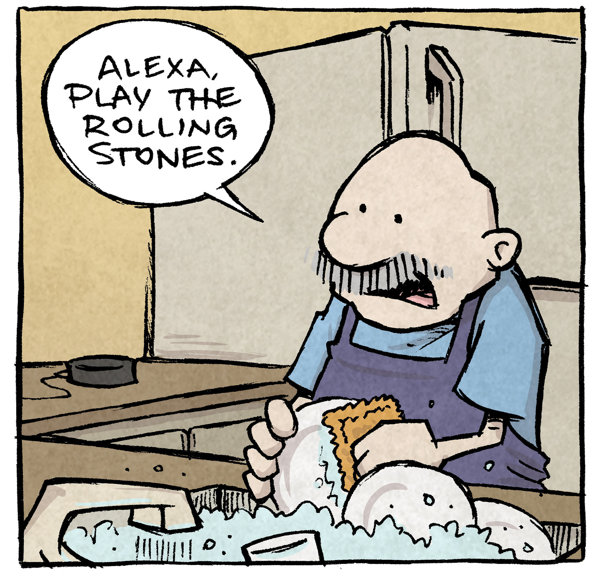 PANEL 1: GRAMP, an older bald man with a grey mustache, stands at the sink washing dishes. 
GRAMP: Alexa, play the Rolling Stones.

PANEL 2: Closer up on GRAMP while he sinks deep into his thoughts.
GRAMP: But, like, a concert from when they were STARTING. Something that feels young and fresh and hopeful about the future.

PANEL 3: GRAMP, in silhouette as he continues washing dishes, sinking deeper in thought.
GRAMP: Alexa… give me back my youth.

PANEL 4: Back to reality, GRAMP continues washing dishes.
ALEXA: Ordering 17 shirts that say “give me back my youth.”
GRAMP: Dangit Alexa, NO! …order two at most.

———
Want 5,000 more comics like this? Join us at Patreon.com/sheldoncomics for the *FULL* Sheldon archives, art giveaways, fun community, and more! Sheldon Comics copyright Dave Kellett. Colors by Beth Reidmiller