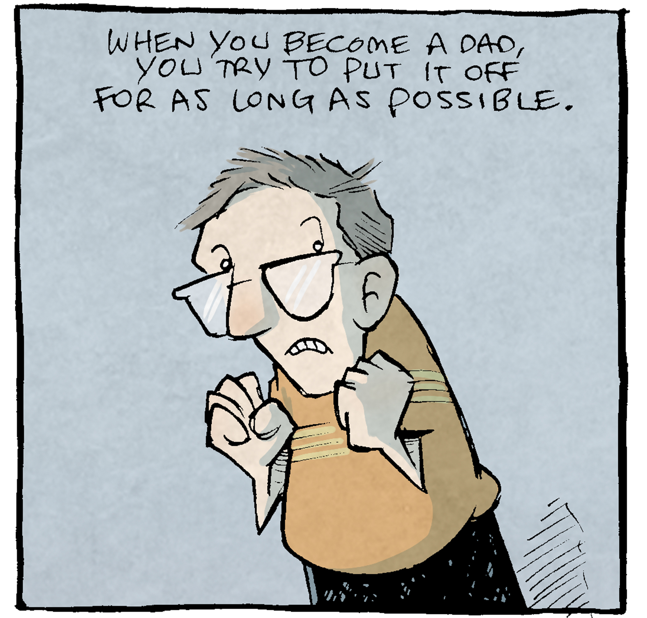 PANEL 1: DAVE, the cartoonist with greying hair and glasses, clenches his fists nervously
TEXT: When you become a dad, you try to put it off for as long as possible.

PANEL 2: DAVE stands, arms stiff. A red light starts to reflect on his back.
TEXT: You try to stay “cool”. You try to stay relevant.

PANEL 3: Next to DAVE, a woman hands him a red glowing box.
TEXT: But eventually they come for us all.
DAVE: Oh. Is it time?
WOMAN: it’s time, sir.

PANEL 4: DAVE clutches white sneakers and looks in the void.
TEXT: White new balance shoes sold only at costco: THEY COME FOR US ALL.

Text in a yellow box below the panel: Next up: braided belts, then the sweet embrace of death.

———
Want 5,000 more comics like this? Join us at Patreon.com/sheldoncomics for the *FULL* Sheldon archives, art giveaways, fun community, and more! Sheldon Comics copyright Dave Kellett. Colors by Beth Reidmiller

