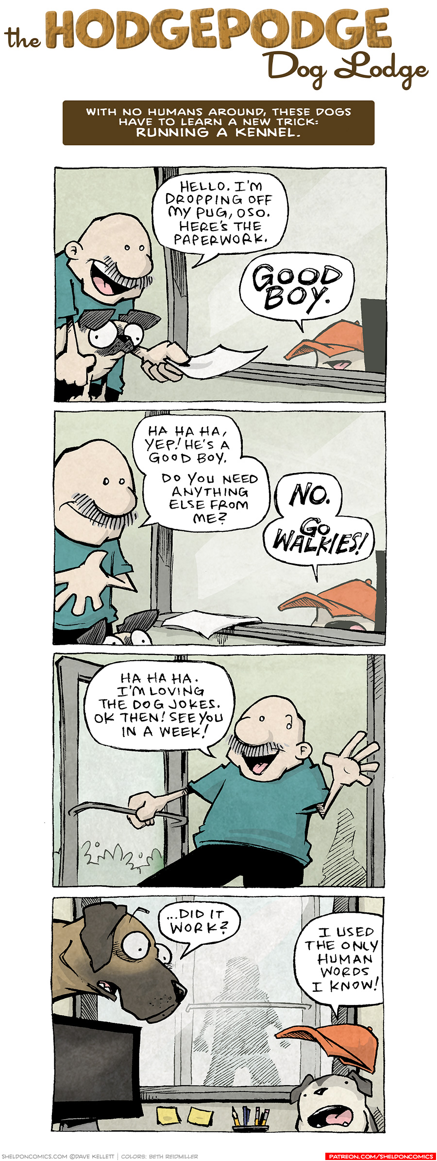 COMIC TITLE: “The Hodgepodge Dog Lodge”
Logline: With no humans around, these dogs have to learn a new trick: RUNNING A KENNEL.

PANEL 1: GRAMP, an older bald man with a grey mustache, holds OSO, the fawn pug, at a reception desk at a dog kennel. He holds a piece of paper toward the reception window. Behind the window sits the receptionist in an orange ball cap, worn low on their face, only the mouth showing.
GRAMP: Hello. I’m dropping off my pug, Oso. Here’s the paperwork.
RECEPTIONIST: GOOD BOY.

PANEL 2: GRAMP sets OSO down as he continues talking to the receptionist.
GRAMP: Ha ha ha, yep! He’s a good boy. Do you need anything else from me?
RECEPTIONIST: NO. GO WALKIES.

PANEL 3: As GRAMP exits the building, holding the glass door open, waving as he talks over this shoulder.
GRAMP: Ha ha ha. I’m loving the dog jokes. Ok then! See you in a week!

PANEL 4: From the other side of the receptionist glass, we see a GREAT DANE poke his head over the computer monitor, while a white and brown spotted BULLDOG shakes the orange ballcap off his head. We see the silhouette of GRAMP exiting the building behind them.
GREAT DANE: …did it work?
BULLDOG: I used the only human words i know!

——
Want 5,000 more comics like this? Join us at Patreon.com/sheldoncomics for the *FULL* Sheldon archives, art giveaways, fun community, and more! Sheldon Comics copyright Dave Kellett. Colors by Beth Reidmiller