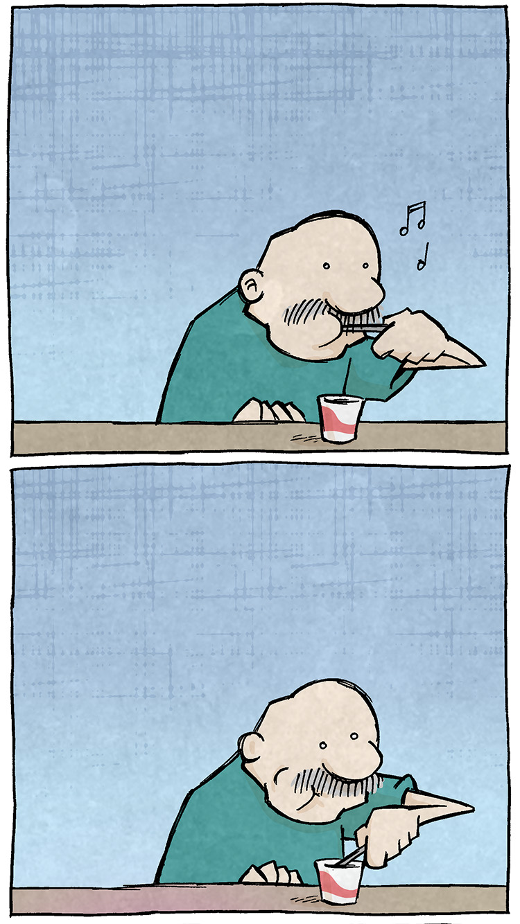 PANEL 1: GRAMP, an older bald man with a grey mustache, sits at a table eating from a cup of yogurt. A few  music notes are above his head. No text.

PANEL 2: GRAMP continues eating his yogurt. No text.

PANEL 3: In a burst of sparkles and color, ARTHUR comes flying in, butt-first, above GRAMP’s shoulder. GRAMP looks shocked, eyes bulging, yogurt flying from his spoon.
ARTHUR: UNEXPECTED YOGURT CANNONBALL!

PANEL 4: GRAMP flinches, as ARTHUR lands in the cup of yogurt, a stream of color and sparkles behind him. 
SOUND EFFECT: THOONK

PANEL 5: GRAMP looks horrified as to what just happened as ARTHUR as exited the scene.
SOUND EFFECT, following ARTHUR’s trajectory: sliiiiiiiiide

PANEL 6: GRAMP looks at ARTHUR annoyed, as ARTHUR returns to the scene, eyes dilated in delight, yogurt cup stuck to his butt. Color and sparkles return to the scene behind ARTHUR.
ARTHUR: GOTTA MAKE YOUR OWN MAGIC IN THIS LIFE

——
Want 5,000 more comics like this? Join us at Patreon.com/sheldoncomics for the *FULL* Sheldon archives, art giveaways, fun community, and more! Sheldon Comics copyright Dave Kellett. Colors by Beth Reidmiller
