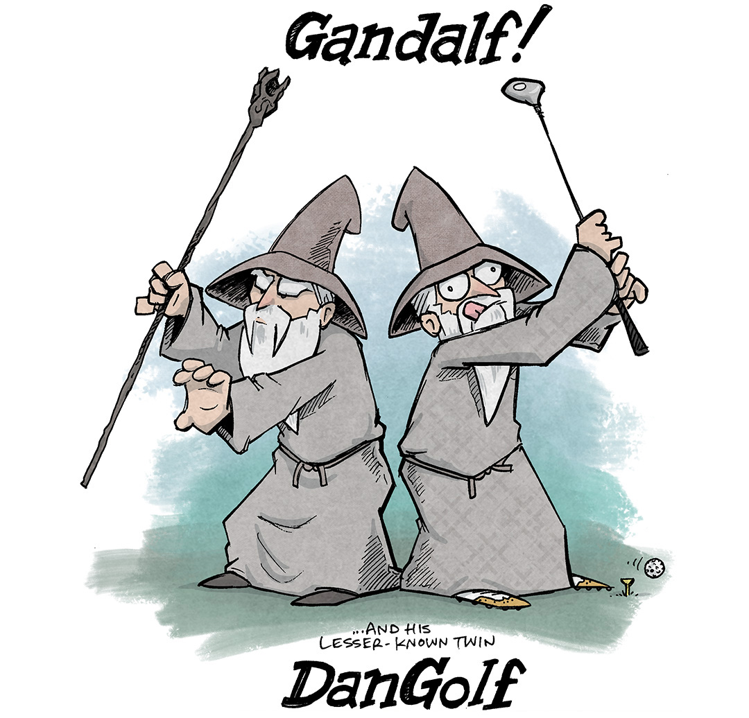 This single-panel comic shows GANDALF THE GREY, holding his staff up, with one arm outstretched. He hears a grey wizard’s hat and grey robe. Next to him stands a similar looking wizard, holding a gold club up. His tongue is sticking out of his mouth in concentration. His robe has a slight plaid texture, and his shoes are white and tan wing-tipped golf shoes.
TITLE: GANDALF!
Text under art: …and his lesser-known twin DANGOLF

———
Want 5,000 more comics like this? Join us at Patreon.com/sheldoncomics for the *FULL* Sheldon archives, art giveaways, fun community, and more! Sheldon Comics copyright Dave Kellett. Colors by Beth Reidmiller