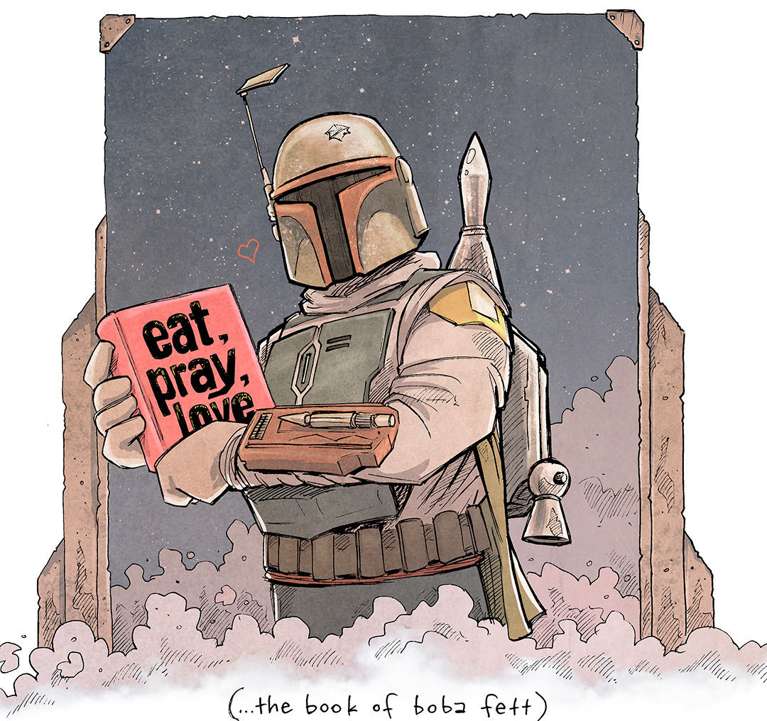 This single panel comic shows BOBA FETT in his classic helmet and jetpack. The background is a starfield and clouds of smoke, with a Star Wars-looing wood (or old metal?) framing device. BOBA FETT holds a red book that reads “EAT, PRAY, LOVE”, and a small red heart eminates near his head.
TEXT AT THE BOTTOM OF THE COMIC: (…the book of Boba Fett)
———
Want 5,000 more comics like this? Join us at Patreon.com/sheldoncomics for the *FULL* Sheldon archives, art giveaways, fun community, and more! Sheldon Comics copyright Dave Kellett. Colors by Beth Reidmiller