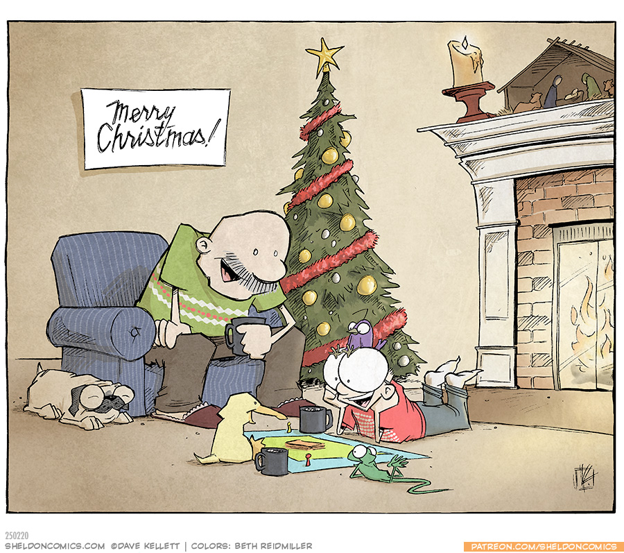 Image Description:
• The scene takes place in a cozy living room decorated for Christmas. A tall Christmas tree adorned with ornaments, red garland, and a star stands in the background next to a lit fireplace, a candle and nativity scene on the mantle.
• Gramp is seated comfortably in an armchair with a striped green sweater, holding a mug of coffee and smiling warmly.
• On the floor nearby is Sheldon, a 10-year-old boy, lying on his stomach playing a board game with Flaco the green lizard, Arthur the yellow duck, and Pickles the purple bird (who is sitting on Sheldon’s head).
• OSO, the pug, lies sleeping peacefully near Gramp's chair.
• The atmosphere is warm and festive, with a sense of holiday cheer and family bonding.
Text: “Merry Christmas!”