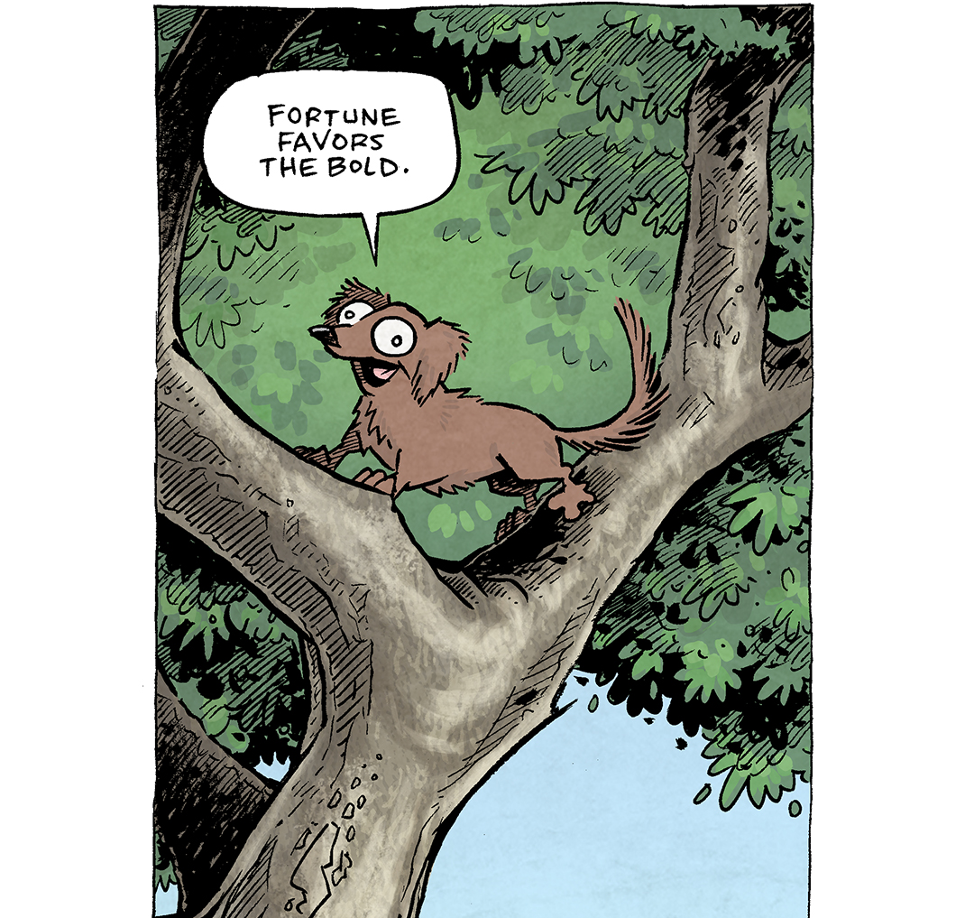This single-panel comic shows a big tree with forking branches - perfect for climbing. The grass below is green, the sky behind is blue. The foliage of the tree is thick and green. Standing wide across one of the forking branches high up is DIGBY, a brown dashchund. Below on the ground is OSO, a fawn pug, looking up at DIGBY.
DIGBY: Fortune favors the bold.
OSO: Gravity don’t.
——
Want 5,000 more comics like this? Join us at Patreon.com/sheldoncomics for the *FULL* Sheldon archives, art giveaways, fun community, and more! Sheldon Comics copyright Dave Kellett. Colors by Beth Reidmiller
