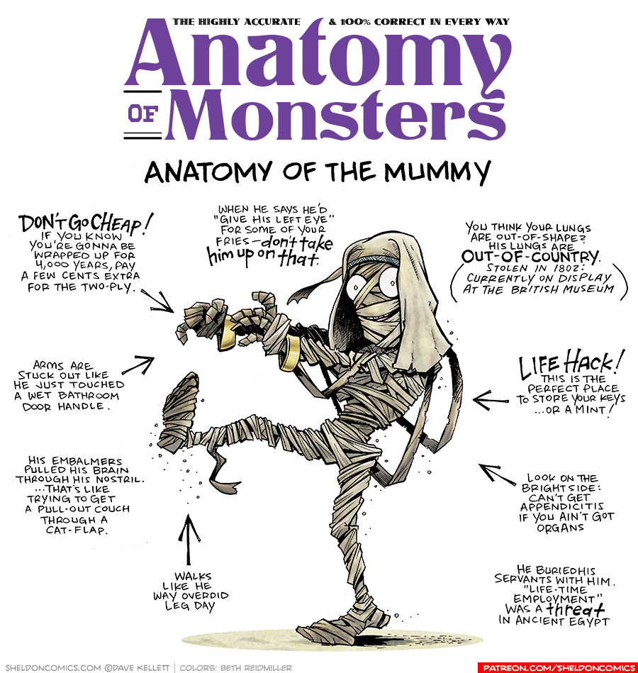 TITLE: Anatomy of Monsters: Anatomy of The Mummy
DESCRIPTION: A classic bandage-wrapped mummy walks with arms out and one leg straight out. A few of his bandages are falling off in loops. He hears a headdress with a turquoise head band and gold bangles. His eyes are wide and he smiles sweetly.
JOKES:
- Don’t go cheap! If you know you’re gonna be wrapped up for 4,000 years, pay a few cents extra for the two-ply.
- (Points at arms) Arms are stuck out like he just touched a wet bathroom door handle.
- His embalmers pulled his brain through his nostril. …That’s like trying to get a pull-out couch through a cat-flap.
- (Points at extended foot) Walks like he way overdid leg day
- When he says he’d “Give his left eye” for some of your fried - DON’T TAKE HIM UP ON THAT.
- You think your lungs are out-of-shape? His lungs are OUT-OF-COUNTRY. (Stolen in 1802: Currently on display at the British Museum)
- (Points to back with a few loops of bandage coming off) LIFE HACK! This is the perfect place to store your keys …or a mint!
- (Points to torso) Look on the bright side: can’t get appendicitis if you ain’t got organs
- He buried his servants with him. “Life-time Employment” was a THREAT in ancient Egypt.
——
Want 5,000 more comics like this? Join us at Patreon.com/sheldoncomics for the *FULL* Sheldon archives, art giveaways, fun community, and more! Sheldon Comics copyright Dave Kellett. Colors by Beth Reidmiller