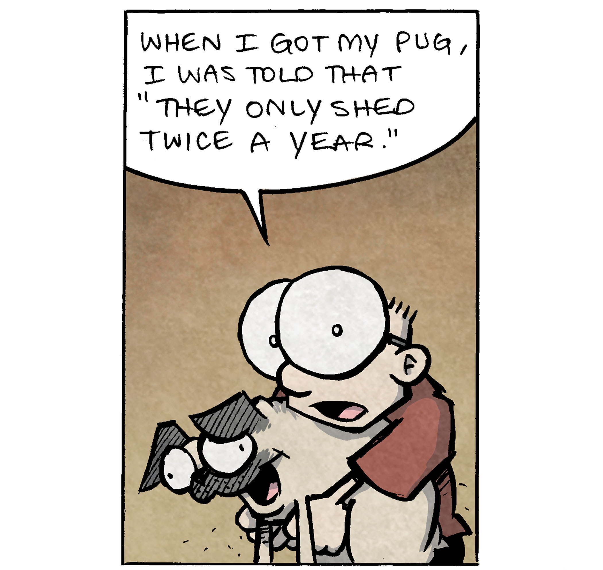 PANEL 1: SHELDON, a ten year old boy with large glasses, holds a happy OSO, a fawn pug, in h is arms.
SHELDON: When I got my pug, I was told that “They only shed twice a year.”
PANEL 2: SHELDON holds up OSO a bit higher.
SHELDON: Now i realize this is true. They DO shed only twice a year: once through the first six months, and then again throughout the second six months.
PANEL 3: SHELDON, still holding OSO, holds a hand up in the air like “ta-daa”, a big grin on both their faces. No text
PANEL 4: A spotlight on a tan background with black text reads: This joke brought to you by VAUDEVILLE. …proud sponsor of lame jokes since 1882
——
Want 5,000 more comics like this? Join us at Patreon.com/sheldoncomics for the *FULL* Sheldon archives, art giveaways, fun community, and more! Sheldon Comics copyright Dave Kellett. Colors by Beth Reidmiller