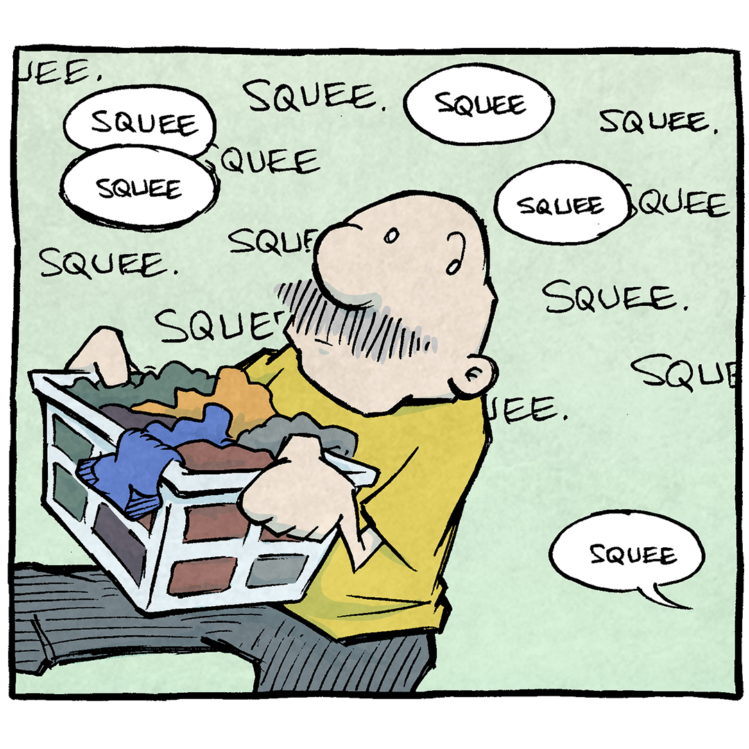 PANEL 1: GRAMP, an older bald man with a grey mustache, walks with a basket of laundry in his hands. Behind him floats words and word bubbles of “Squee” repeatedly. He looks confused.
PANEL 2: GRAMP stops to talk to ARTHUR, a yellow duck, and FLACO, a green lizard.
GRAMP: What are you two doing?
ARTHUR: Working on Flaco’s elocution.
PANEL 3: GRAMP, in the background, watches confused as they resume. FLACO says “SQUEE” with his hands delicately shaping the word. ARTHUR reponds.
FLACO: Squee.
ARTHUR: No no no: really emphasize the “R”
FLACO: Squee.
ARTHUR: Perfect.
—
Want 5,000 more comics like this? Join us at Patreon.com/sheldoncomics for the *FULL* Sheldon archives, art giveaways, fun community, and more! Sheldon Comics copyright Dave Kellett. Colors by Beth Reidmiller