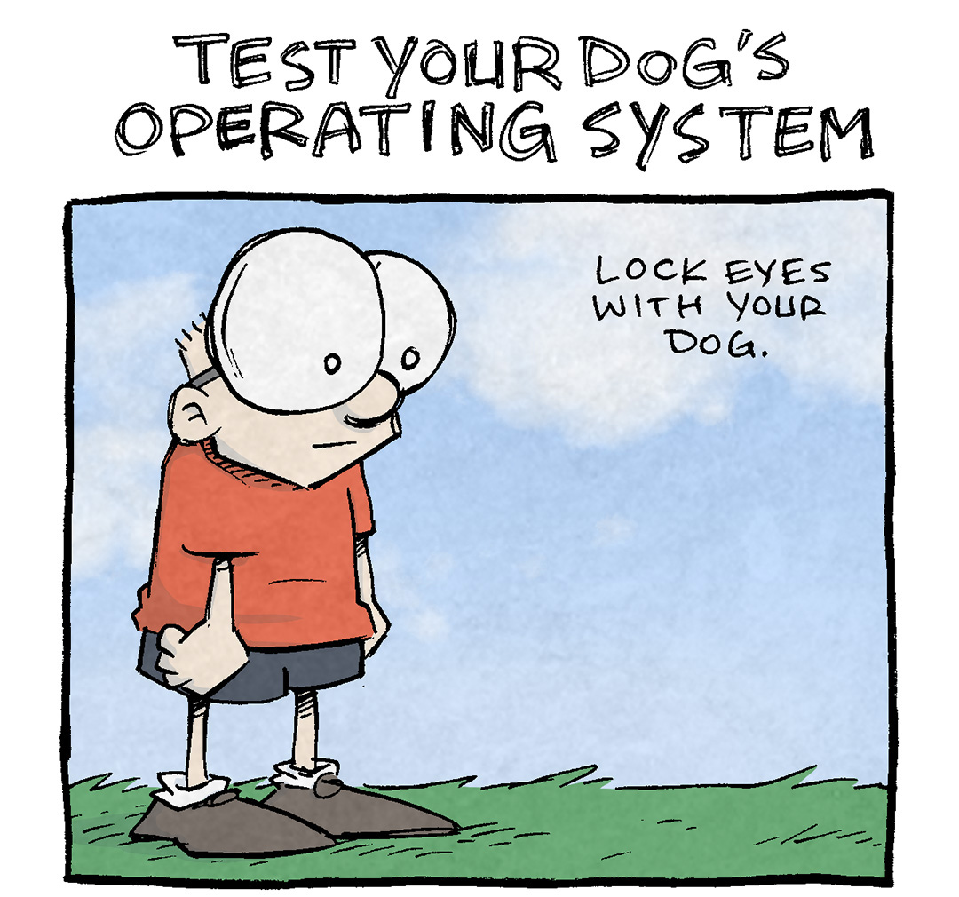 TITLE: Test your dog’s operating system
PANEL 1: SHELDON, a ten-year old boy with huge glasses, stands looking off-panel.
NARRATION: Lock eyes with your dog.
PANEL 2: OSO, a fawn pug, stands facing towards SHELDON (off-panel), eyes wide, looking in to space.
NARRATION: No reaction.
PANEL 3: Same shot of SHELDON as the first panel, but he squints his eyes, and leans ever-so slightly. A 1 degree angle shows this above his shoulder.
NARRATION: While maintaining eye contact, slowwwwwwwly lean forward one degree.
PANLE 4: OSO in play mode, eyes wide, mouth agape, tail wagging.
NARRATION (in all caps): ABSOLUTELY FLIPS A BISCUIT.
———
Want 5,000 more comics like this? Join us at Patreon.com/sheldoncomics for the *FULL* Sheldon archives, art giveaways, fun community, and more! Sheldon Comics copyright Dave Kellett. Colors by Beth Reidmiller