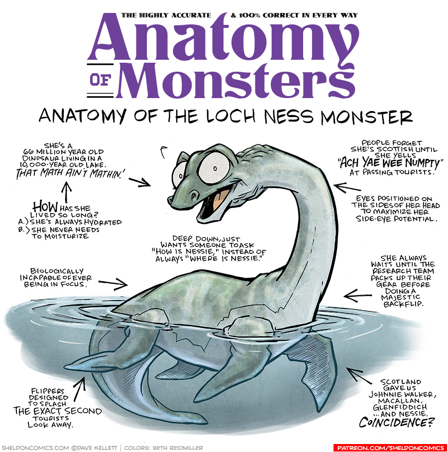TITLE: Anatomy of Monsters: Anatomy of the Loch Ness Monster
DESCRIPTION: a dinosaur-like creature with a long neck, flippers and a long tail, floats in a pool of water. Her eyes are wide and mouth open in a smile.
JOKES:
- She’s a 66 million year old dinosaur living in a 10,000 year old lake. That math ain’t mathin’.
- HOW has she lived so long? A.) She’s always hydrated B.) She never needs to moisturize
- Biologically incapable of ever being in focus.
- Flippers designed to splash the exact second tourists look away.
- Deep down, just wants someone to ask “How is Nessie,” instead of always “where is Nessie.”
- People forget she’s Scottish until she yells “ACH YAE WEE NUMPTY” at passing tourists.
- Eyes positioned on the sides of her head to maximize her side-eye potential.
- She always waits until the research team packs up their gear before doing a majestic backflip.
- Scotland gave us Johnnie Walker, Macallan, Gelnfiddich ….and Nessie. COINCIDENCE?
——
Want 5,000 more comics like this? Join us at Patreon.com/sheldoncomics for the *FULL* Sheldon archives, art giveaways, fun community, and more! Sheldon Comics copyright Dave Kellett. Colors by Beth Reidmiller