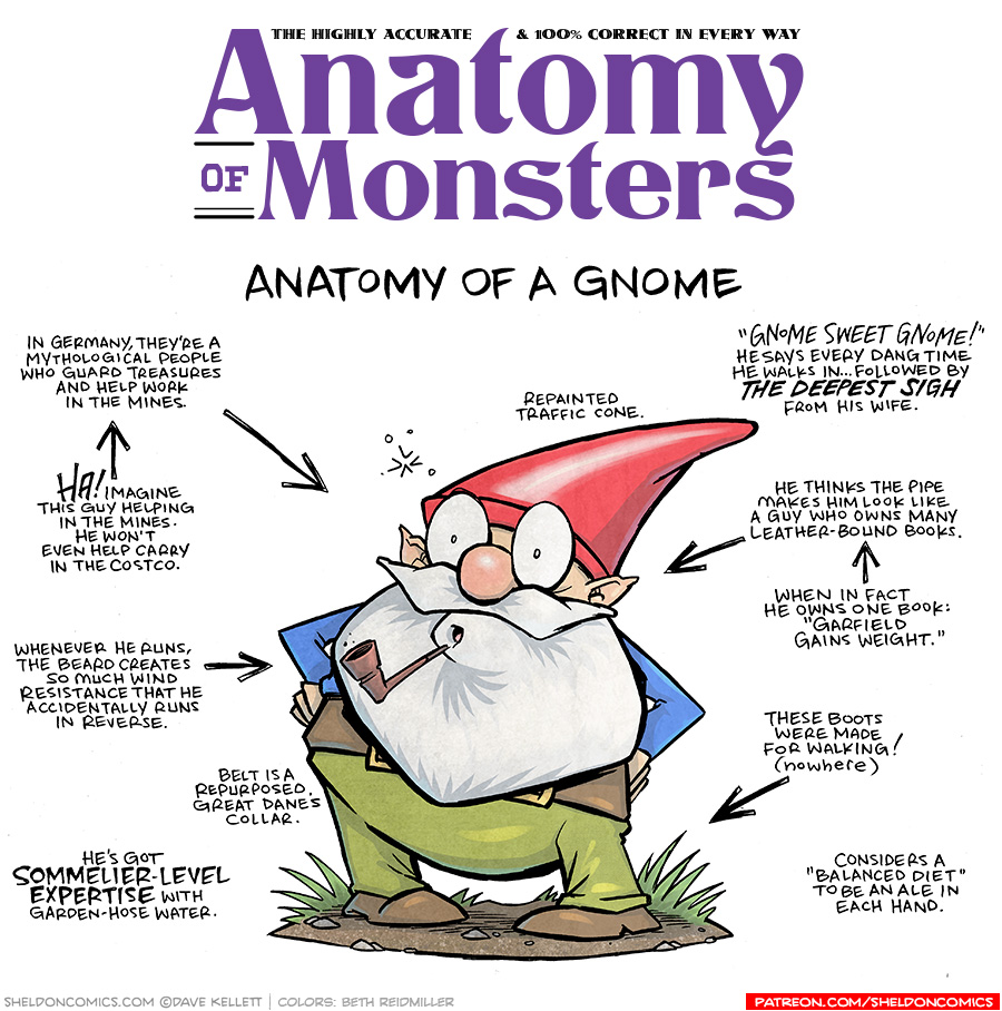 TITLE: Anatomy of Monsters: Anatomy of a Gnome
DESCRIPTION: A classic garden gnome looking short man with a large white beard. He wears a red cone-shaped hat, a blue long-sleeved shirt, a large brown belt, green pants and brown boots. His lips pucker in an “ooh” look, and a brown pipe pops out of his mouth. He stands on a patch of dirt with grass sprouting out of it. His nose is rosy and his eyes are wide.
JOKES:
- In Germany, they’re a mythological people who guard treasures and help work in the mines.
- (points to previous joke) HA! Imagine this guy helping in the mines. He won’t even help carry in the Costco.
- Whenever he runs, the beard creates so much wind resistance that he accidentally runs in reverse.
- Belt is a repurposed Great Dane’s collar.
- He’s got SOMMELIER-LEVEL EXPERTISE with garden-hose water.
- (above his hat) Repainted traffic cone.
- “Gnome sweet Gnome!” He says every dang time he walks in…followed by THE DEEPEST SIGH from his wife.
- He thinks the pipe makes him look like a guy who owns many leather-bound books.
- (pointing to previous joke) When in fact he owns one book: “Garfield Gains Weight.”
- These boots were made for walking! (nowhere)
- Considers a “balanced diet” to be an ale in each hand.
——
Want 5,000 more comics like this? Join us at Patreon.com/sheldoncomics for the *FULL* Sheldon archives, art giveaways, fun community, and more! Sheldon Comics copyright Dave Kellett. Colors by Beth Reidmiller