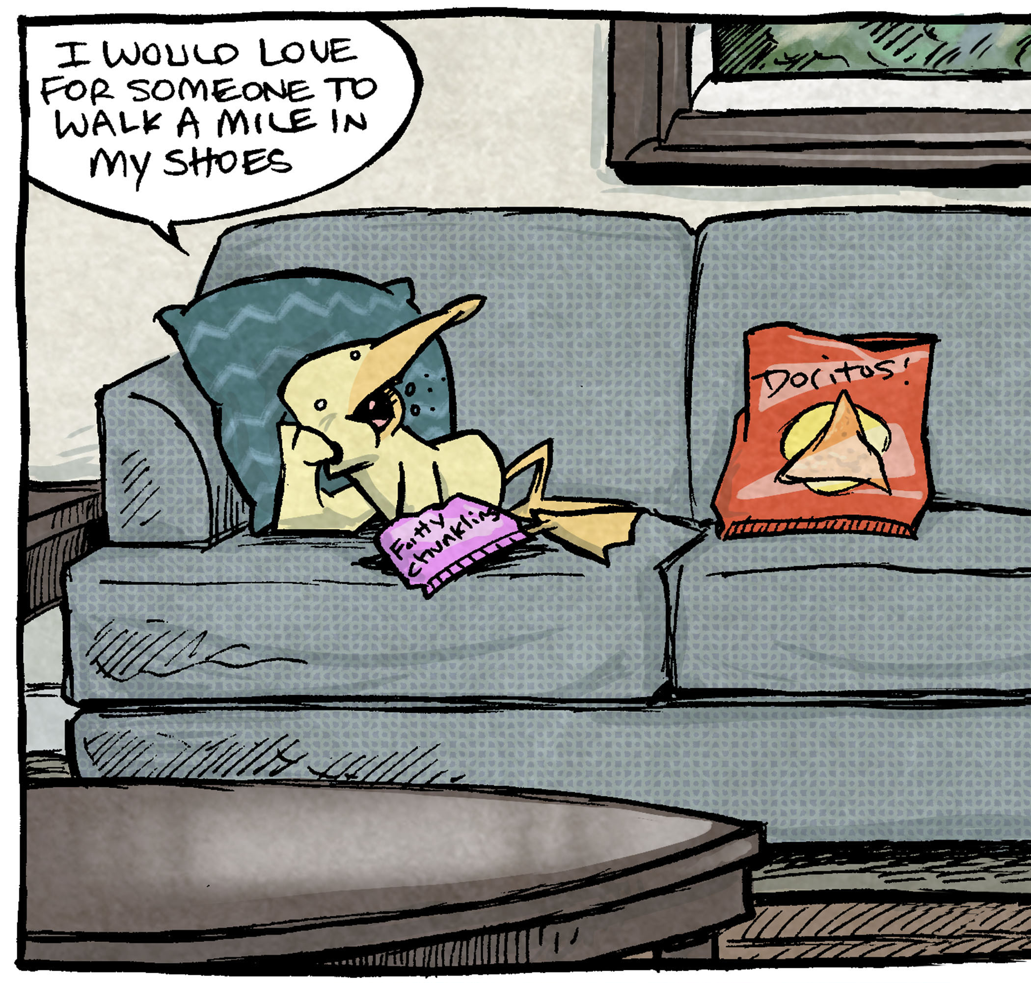 PANEL 1: ARTHUR, a yellow duck, lounges on a grey couch in a living room, wing in a “Fatty Chunklins” bag. His mouth is full as he talks.
ARTHUR: I would love for someone to walk a mile in my shoes.
PANEL 2: The scene pans over to FLACO, a green lizard, standing next to the couch, looking straight at the viewer with half-closed eyelids, annoyed.
ARTHUR: …’cause I got SOOOO many errands I need to run.
——
Want 5,000 more comics like this? Join us at Patreon.com/sheldoncomics for the *FULL* Sheldon archives, art giveaways, fun community, and more! Sheldon Comics copyright Dave Kellett. Colors by Beth Reidmiller