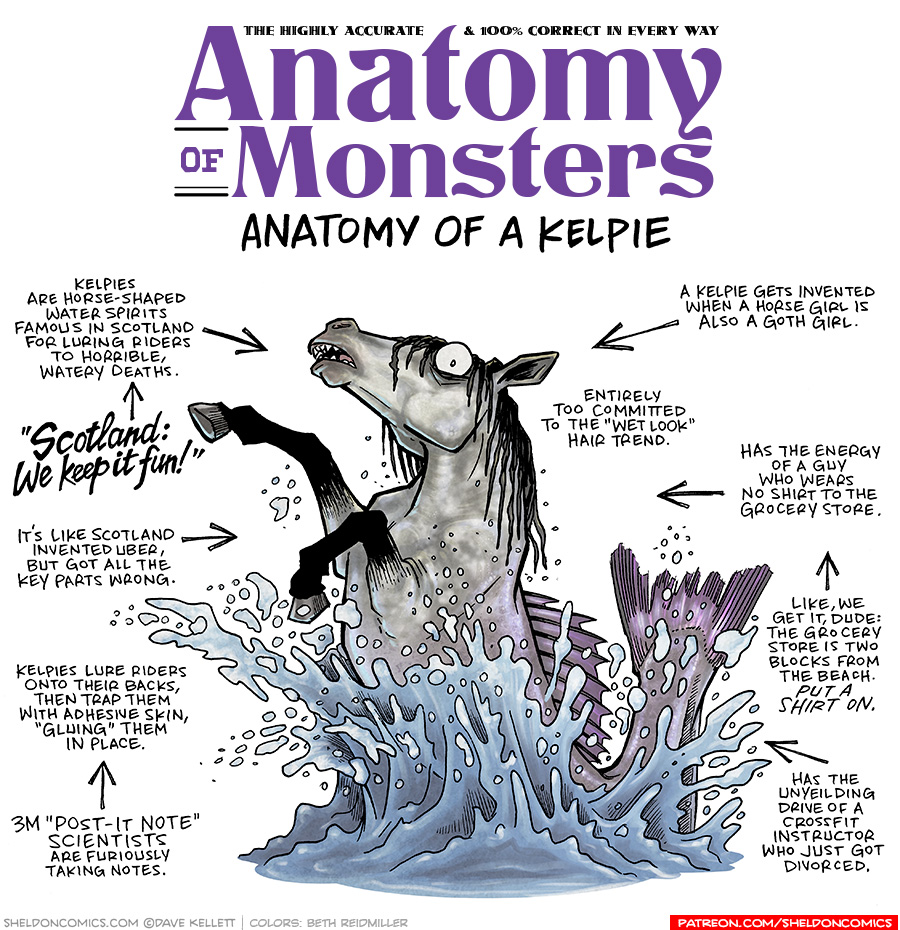 TITLE: Anatomy of Monsters: Anatomy of a Kelpie
DESCRIPTION: A dapple-grey horse rises out of a splash of water, his front legs black, his wet main dark and scraggly. The back half of him is a fishtail, with a fin along its back.
JOKES:
- Kelpies are horse-shaped water spirits famous in Scotland for luring riders to horrible, watery deaths.
- (points to previous joke) “SCOTLAND: WE KEEP IT FUN!”
- It’s like Scotland invented Uber, but got all the key parts wrong.
- Kelpies lure riders onto their backs, then trap them with adhesive skin, “Gluing” them in place.
- (points to previous joke) 3M “post-it note” scientists are furiously taking notes.
- A Kelpie gets invented when a horse girl is also a goth girl.
- Entirely too committed tot the “wet look” hair trend
- Has the energy of a guy who wears no shirt to the grocery store.
- (points to previous joke) Like, we get it, dude: the grocery store is two blocks from the beach. PUT A SHIRT ON.
- Has the unyielding drive of a Crossfit instructor who just got divorced.
——
Want 5,000 more comics like this? Join us at Patreon.com/sheldoncomics for the *FULL* Sheldon archives, art giveaways, fun community, and more! Sheldon Comics copyright Dave Kellett. Colors by Beth Reidmiller