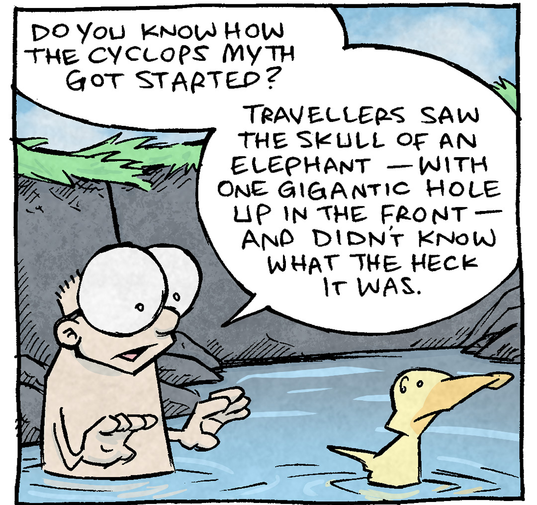 PANEL 1: SHELDON, a ten-year old boy with large glasses, stands in a swimming hole next to ARTHUR, a yellow duck.
SHELDON: Do you know how the cyclops myth got started? Travelers saw the skull of an elephant - with one gigantic hole up in the front - and didn’t know what the heck it was.
PANEL 2: ARTHUR laughs in response as he swims in the swimming hole.
ARTHUR: Ha ha ha! That’s such a dumb leap, even in ancient times. You would have to willfully ignore the gigantic, local animal with the huge trunk…and instead invent an entirely new creature.
PANEL 3: SHELDON stands still in the water while ARTHUR continues.
ARTHUR: That, my friend, is the work of someone’s crazy uncle. The kind of guy who rails about conspiracy theories and the gummy-mint.
PANEL 4: A man with scraggly grey hair and only a few teeth, wearing a rudimentary toga tied with a rope and sandals, points to an elephant skull.
MAN: WAKE UP, SHEEPLE! THIS HERE’S A JENN-U-WINE CYCLOPS. Yessir.
———
Want 5,000 more comics like this? Join us at Patreon.com/sheldoncomics for the *FULL* Sheldon archives, art giveaways, fun community, and more! Sheldon Comics copyright Dave Kellett. Colors by Beth Reidmiller