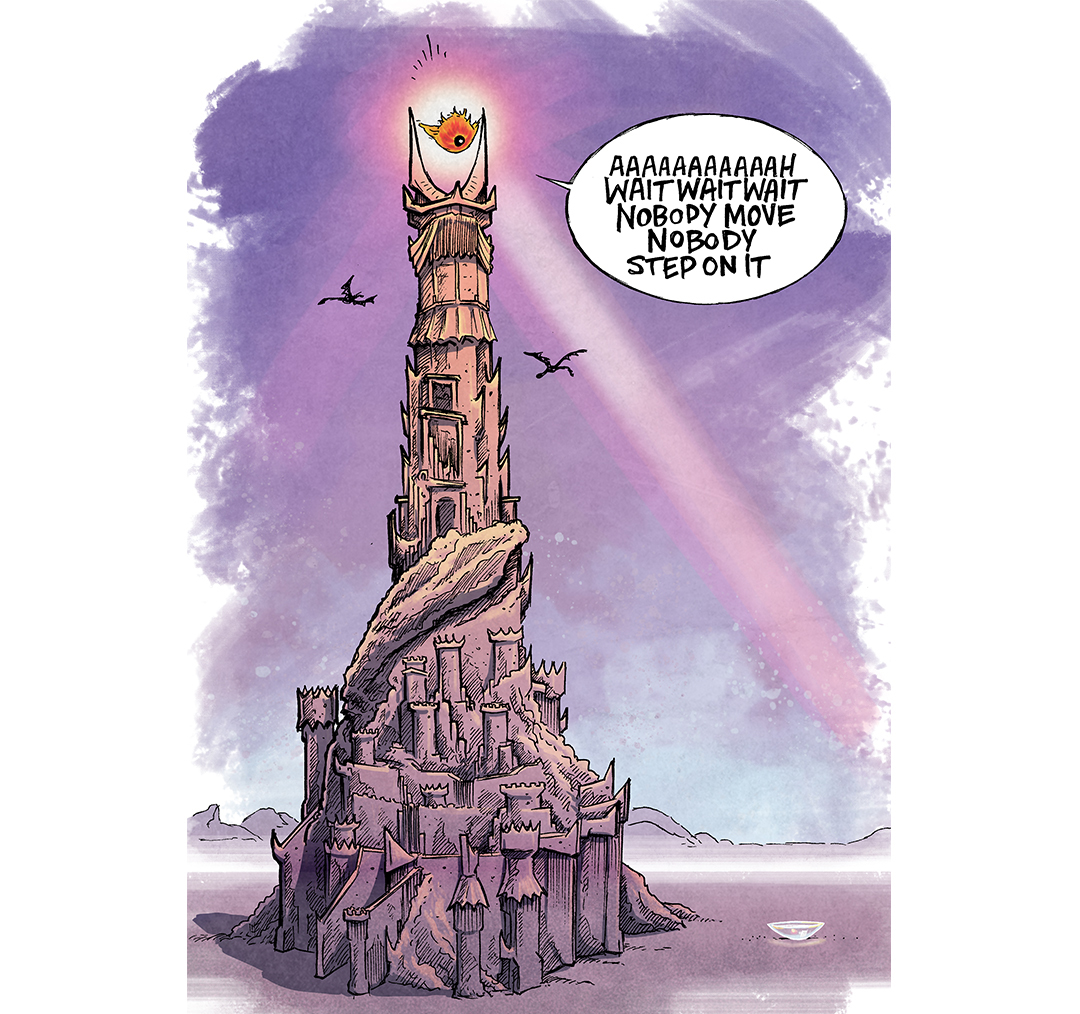 This single panel comic shows Barad-dûr, the tower in Lord of the Rings in which the Eye of Sauron sits at the top. In the background we see a Fellbeast flying. The eye is looking down, with a spotlight searching the ground. In the bottom right corner there is a clear eye contact on the ground. A voice bubble from the eye reads: AAAAAAAAH WAIT WAIT WAIT NOBODY MOVE NOBODY STEP ON IT.
———
Want 5,000 more comics like this? Join us at Patreon.com/sheldoncomics for the *FULL* Sheldon archives, art giveaways, fun community, and more! Sheldon Comics copyright Dave Kellett. Colors by Beth Reidmiller