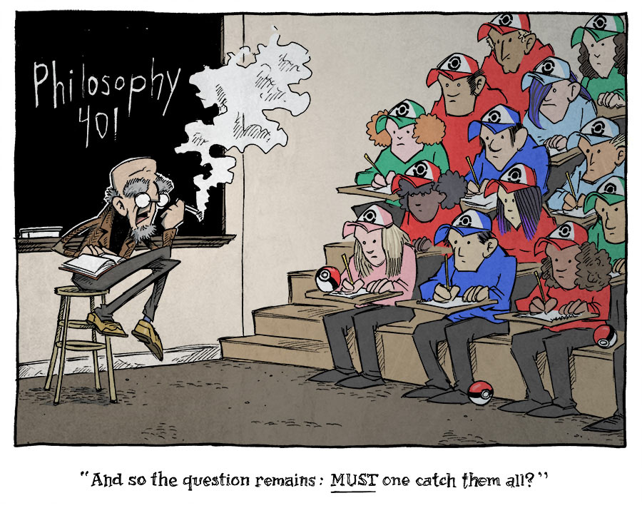 This single panel comic shows a university lecture hall with an old, thin, bald professor smoking a cigarette, his bushey eyebrows behind his tiny glasses. The Seats are filled with Pokemon trainers in varying colors - red, blue, green, light blue, pink - wearing baseball hats. Pokeballs are scattered around, they all are taking notes. On the chalkboard reads “Philosophy 401”
Caption: “And so the question remains…MUST one catch them all?”
——
Want 5,000 more comics like this? Join us at Patreon.com/sheldoncomics for the *FULL* Sheldon archives, art giveaways, fun community, and more! Sheldon Comics copyright Dave Kellett. Colors by Beth Reidmiller