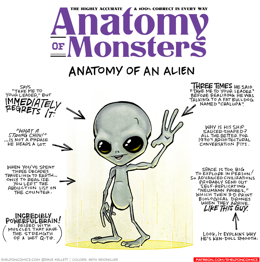 TITLE: Anatomy of Monsters: Anatomy of an Alien
DESCRIPTION: A thin grey-green humanoid with a large bulbous head and large black eyes raises a thin hand in a wave. He stands in an oval of bright yellow light rising up from the ground, reflecting on him.
JOKES:
- Says “Take me to your leader,” but IMMEDIATELY REGRETS IT.
- “What a strong chin!” …is not a phrase he hears a lot.
- When you’ve spent three decades traveling to Earth… only to realize you left the abduction list on the counter.
- INCREDIBLY POWERFUL BRAIN! (Paired with muscles that have the strength of a wet Q-tip.)
- THREE TIMES he said “Take me to your leader” before realizing he was talking to a fat bulldog named “Chalupa”
- Why is his ship saucer-shaped? All the better for 1970’s architectural conversation pits.
- Space is too big to explore in person! So advanced civilizations probably send out self-replicating “Neumann Probes,” which then 3-D print biological drones when they arrive. LIKE THIS GUY.
- (Points to a previous joke) Look, it explains why he’s Ken-doll smooth.
——
Want 5,000 more comics like this? Join us at Patreon.com/sheldoncomics for the *FULL* Sheldon archives, art giveaways, fun community, and more! Sheldon Comics copyright Dave Kellett. Colors by Beth Reidmiller