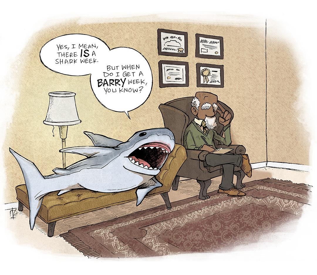 This single panel comic portrays a therapists office, with warm tan walls, a dark brown carpet, certificates on the wall, and a winged chair where a bald man with grey mustache and goatee sits with his leg crossed over his knee, wearing a sweater, writing notes on a pad of paper. On the chez lounge next to the therapists lays a shark.
SHARK: Yes, I mean, there IS a shark week. But when do I get a BARRY week, you know?
———
Want 5,000 more comics like this? Join us at Patreon.com/sheldoncomics for the *FULL* Sheldon archives, art giveaways, fun community, and more! Sheldon Comics copyright Dave Kellett. Colors by Beth Reidmiller