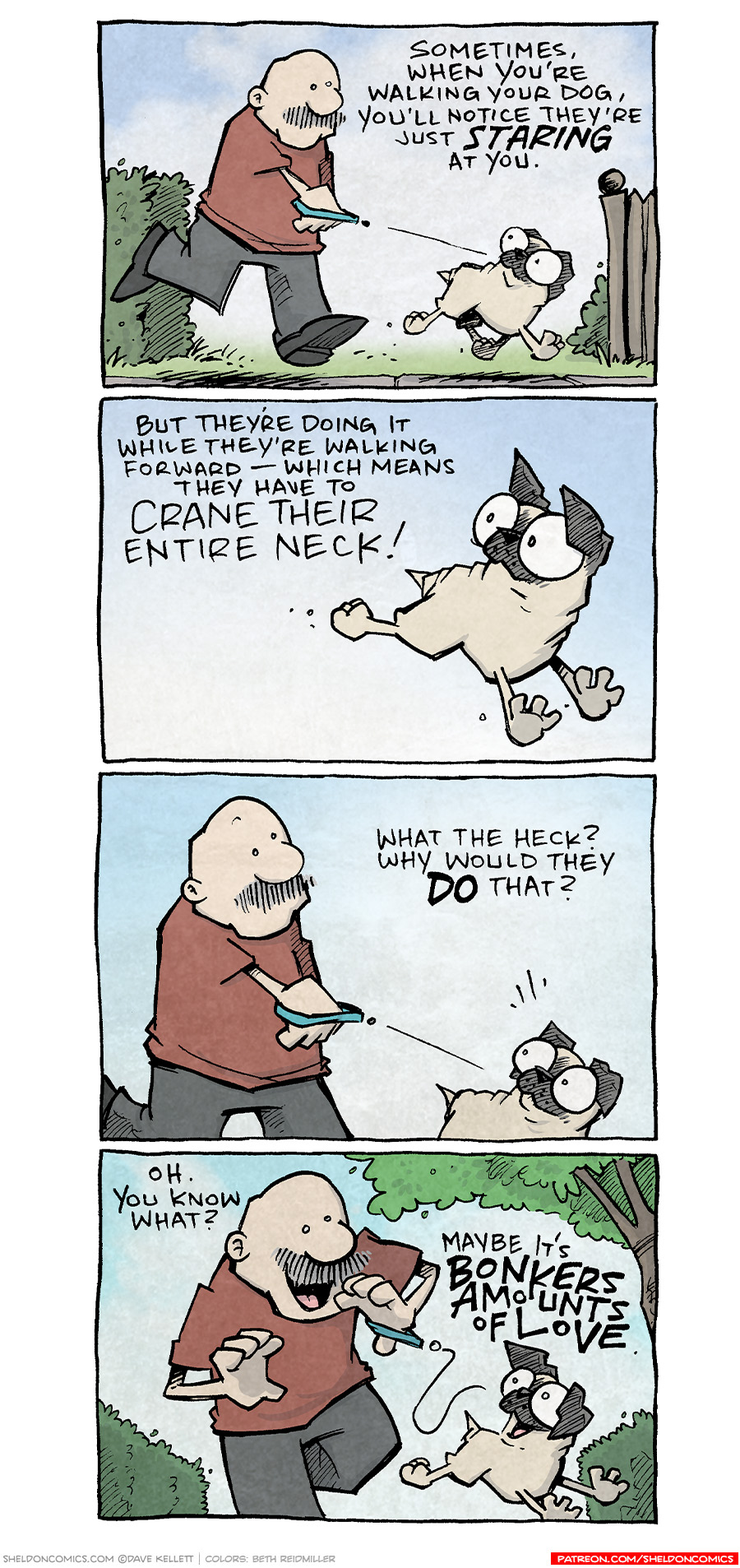 PANEL 1: GRAMP, an older bald man with a grey mustache, walks his dog, OSO, a fawn pug. OSO looks back and up at GRAMP. Behind them is a green hedge and a brown fence. The sky is blue with clouds.
TEXT: Sometimes, when you’re walking your dog, you’ll notice they’re just STARING at you.
PANEL 2: OSO, isolated on a blue and cloudy background, looks behind him as he runs.
TEXT: But they’re doing it while they’re walking forward — which means they have to CRANE THEIR ENTIRE NECK!
PANEL 3: GRAMP, holding the leash, looks down at OSO, who is looking up at him.
TEXT: What the heck? Why would they DO that?
PANEL 4: GRAMP runs along OSO, both of them looking at each other as they gallop along. A hedge and a tree zoom backwards as they run.
TEXT: Oh. You know what? Maybe it’s BONKERS AMOUNTS OF LOVE.
———
Want 5,000 more comics like this? Join us at Patreon.com/sheldoncomics for the *FULL* Sheldon archives, art giveaways, fun community, and more! Sheldon Comics copyright Dave Kellett. Colors by Beth Reidmiller