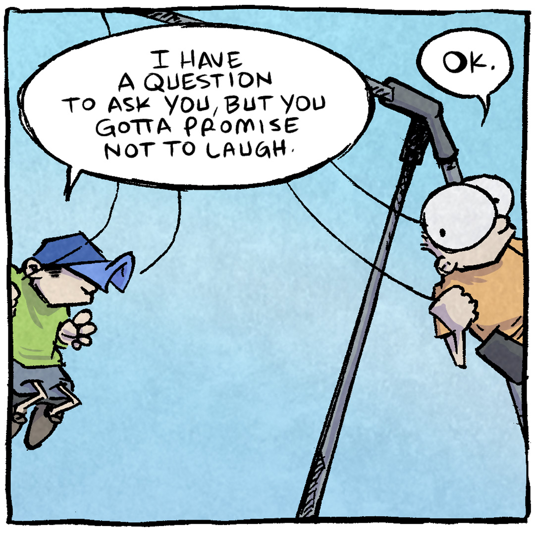 PANEL 1: DANTE and SHELDON, ten year old boys, swing on a swingset.
DANTE: I have a question to ask you, but you gotta promise not to laugh.
SHELDON: Ok.
PANEL 2: Another view of the two on the swings, from above where SHELDON is at the top of his swing, DANTE at the bottom.
DANTE: Have you ever swung so high, and with so much power and joy and grace and energy… that you think JUST MAYBE you were meant to fly?
SHELDON: ha haha WHAT? No. NO.
PANEL 3: In silhouette against a blue-to purple sky, the two continue to swing quietly.
SHELDON: no no no ha no
PANEL 4: That night SHELDON is in his bed, curled up under his blanket. Light reflects the shape of his window on the wall. His eyes are wide as he continues to think about it.
SHELDON: YES.
——
Want 5,000 more comics like this? Join us at Patreon.com/sheldoncomics for the *FULL* Sheldon archives, art giveaways, fun community, and more! Sheldon Comics copyright Dave Kellett. Colors by Beth Reidmiller