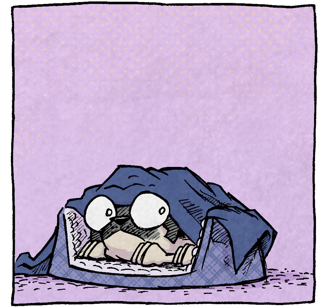 PANEL 1: OSO, a fawn pug, lays in a dog bed with a blanket over him, his big eyes bulging out. He looks to the right, suspicious. No text.
PANEL 2: OSO, same scene, looks to the left. No text.
PANEL 3: OSO sits up, sniffing the eye, the blanket falls off. One year sticks up. Sounds effects: Snif Snif
PANEL 4: OSO lays back down, blanket over him, he looks ahead.
Text: NOPE: STILL TERRIBLE
———
Want 5,000 more comics like this? Join us at Patreon.com/sheldoncomics for the *FULL* Sheldon archives, art giveaways, fun community, and more! Sheldon Comics copyright Dave Kellett. Colors by Beth Reidmiller