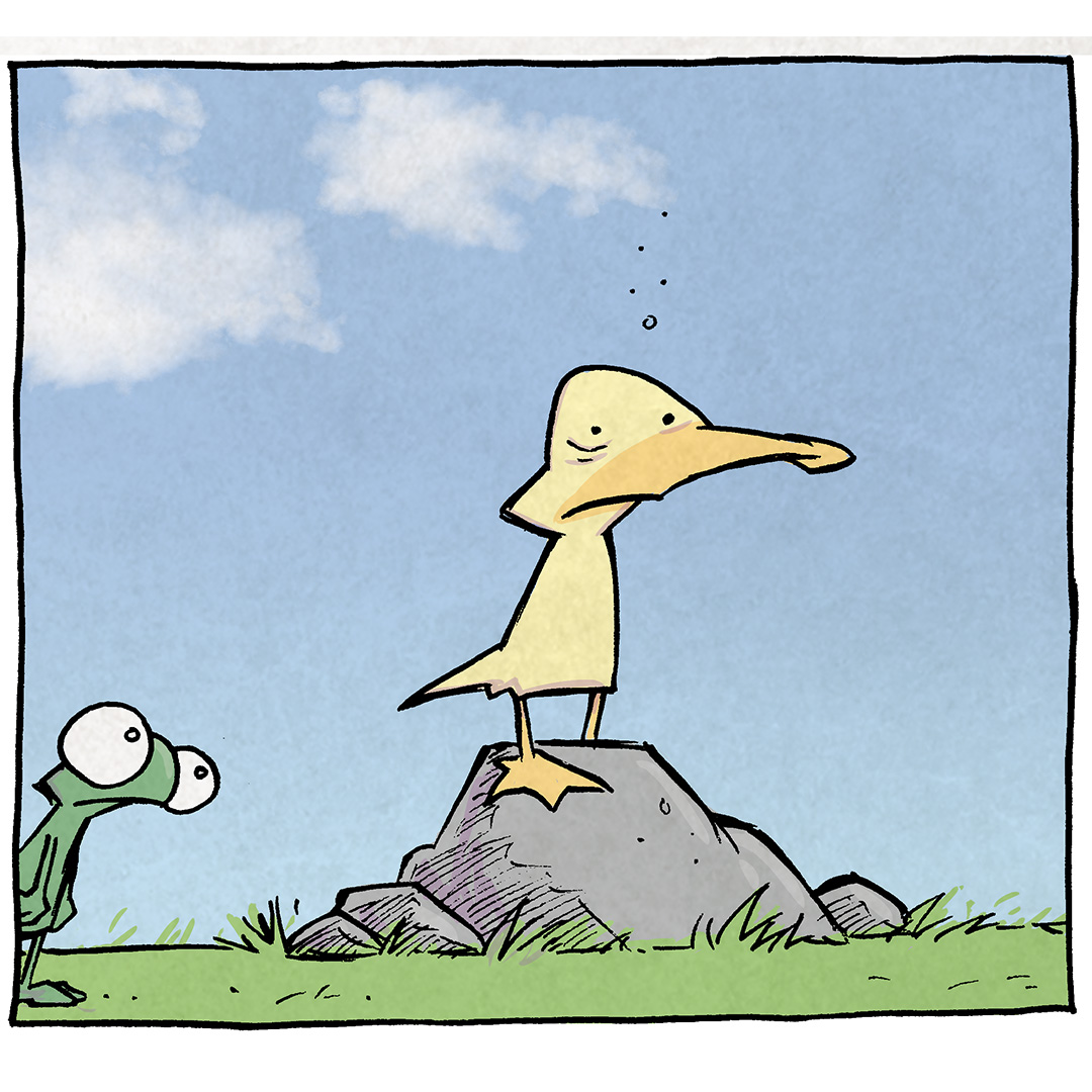 PANEL 1: ARTHUR, a yellow duck, stands on a rock, looking sad. FLACO, a green lizard, peaks in from the side of the panel. The background is a blue sky with puffy white clouds floating by. No text.
PANEL 2: FLACO hugs ARTHUR. SFX: *hug*
PANEL 3: FLACO continues to hug ARTHUR. The clouds continue to float by.
PANEL 4: FLACO continues to hug ARTHUR.
ARTHUR: I mean. I don’t hate it.
——
Want 5,000 more comics like this? Join us at Patreon.com/sheldoncomics for the *FULL* Sheldon archives, art giveaways, fun community, and more! Sheldon Comics copyright Dave Kellett. Colors by Beth Reidmiller