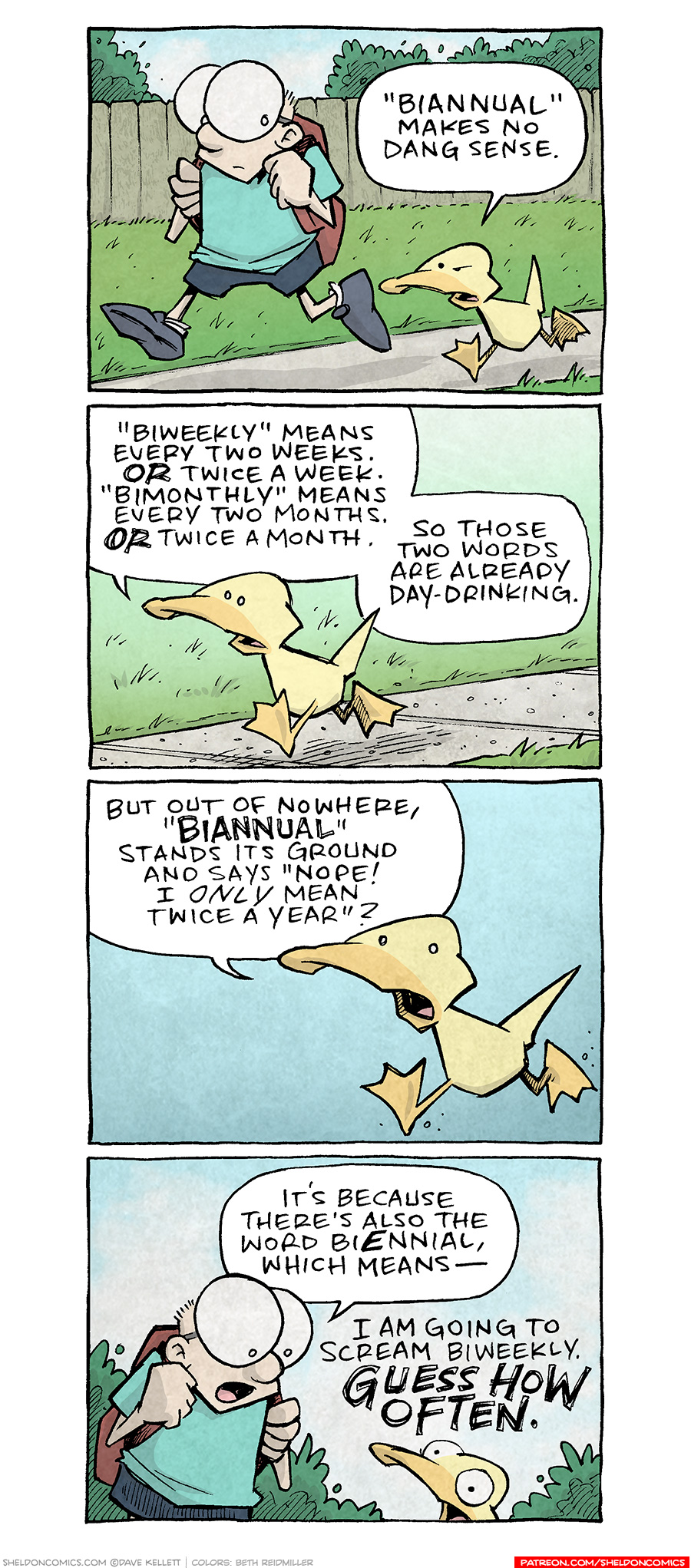 PANEL 1: SHELDON, a ten year old boy with large glasses, trots along a sidewalk wearing a backpack. Next to him is ARTHUR, a yellow duck, who runs next to him, looking angry. Behind them is green grass, a brown fence, and green bushes all set aside a sunny sky.
ARTHUR: “Biannual” makes no dang sense.
PANEL 2: Closer up on ARTHUR as he walks along the sidewalk.
ARTHUR: “Biweekly” means every two weeks. OR twice a week. “Bimonthly” means every two months. OR twice a month. So those two words are already day-drinking.
PANEL 3: Closer in on ARTHUR, as he continues to run against a blue background.
ARTHUR: But out of nowhere, “BIANNUAL” stands its ground and says “Nope! I ONLY mean twice a year”?
PANEL 4: SHELDON has stopped running and turns to reply to ARTHUR, who, eyes wide, yells in frustration.
SHELDON: It’s because there’s also the word biEnnial, which means—
ARTHUR: I AM GOING TO SCREAM BIWEEKLY. GUESS WHO OFTEN.
——
Want 5,000 more comics like this? Join us at Patreon.com/sheldoncomics for the *FULL* Sheldon archives, art giveaways, fun community, and more! Sheldon Comics copyright Dave Kellett. Colors by Beth Reidmiller